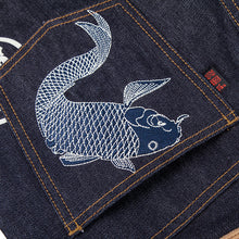 CARPTOWN REGULAR-FIT RAW SELVEDGE JEANS WITH SILVER CARP EMBROIDERY AND LASER PRINTED WAVE AND SUN