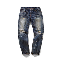 HE75 SLIM-FIT RIP-AND-REPAIR DISTRESSING SELVEDGE JEANS WITH FLYING FEATHER LASER PRINTED