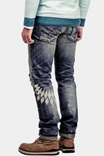 HE75 SLIM-FIT RIP-AND-REPAIR DISTRESSING SELVEDGE JEANS WITH FLYING FEATHER LASER PRINTED